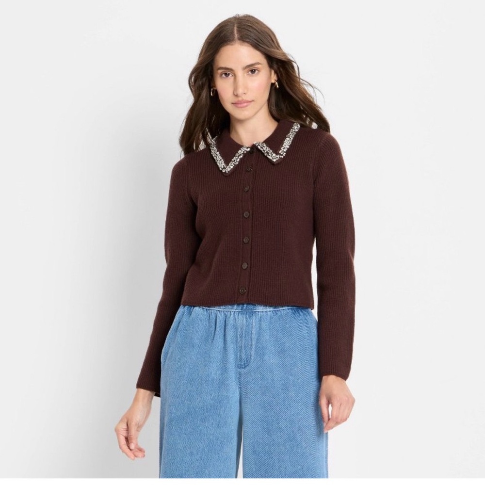 Women's Embellished Collar Ribbed Cardigan - Dark Brown NEW